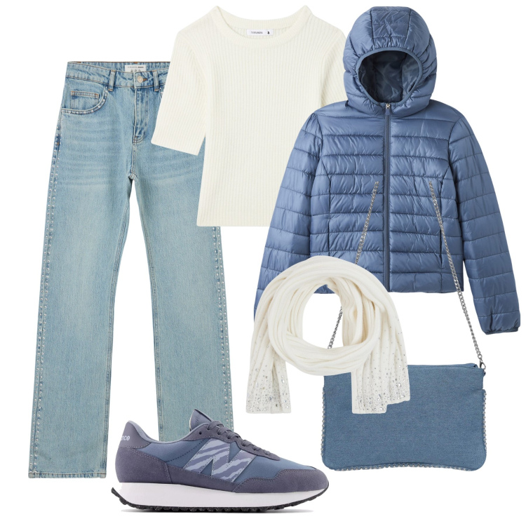 Outfit donna - Mattinata di spesa. Stile Casual per Tutti i giorni. Abbinamento con sneakers, jeans slim fit, t-shirt, blazer, sciarpe, borse a tracolla.