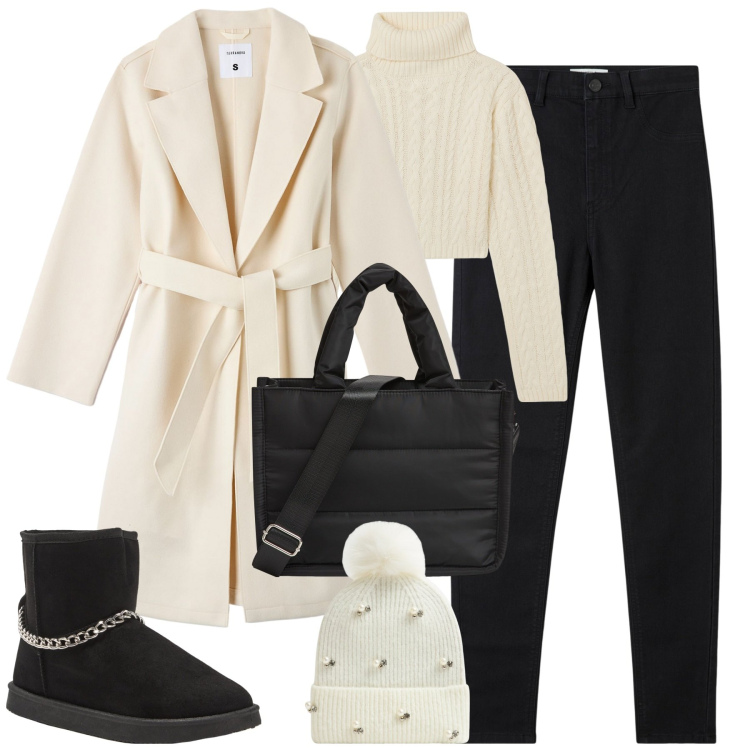 Outfit donna - City. Stile Basic per Tutti i giorni. Abbinamento con shopping bag, cappotti, stivaletti, jeggings, maglieria, berretti.