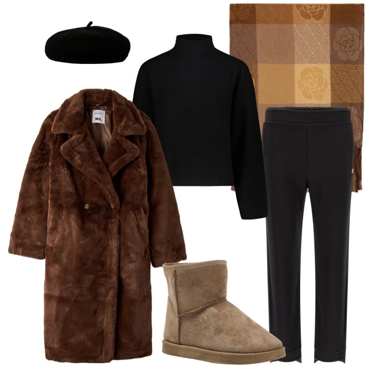 Outfit donna - In città. Stile Casual per Tutti i giorni. Abbinamento con ecopellicce, stivaletti, foulard, pantaloni, maglieria, cappelli e berretti.