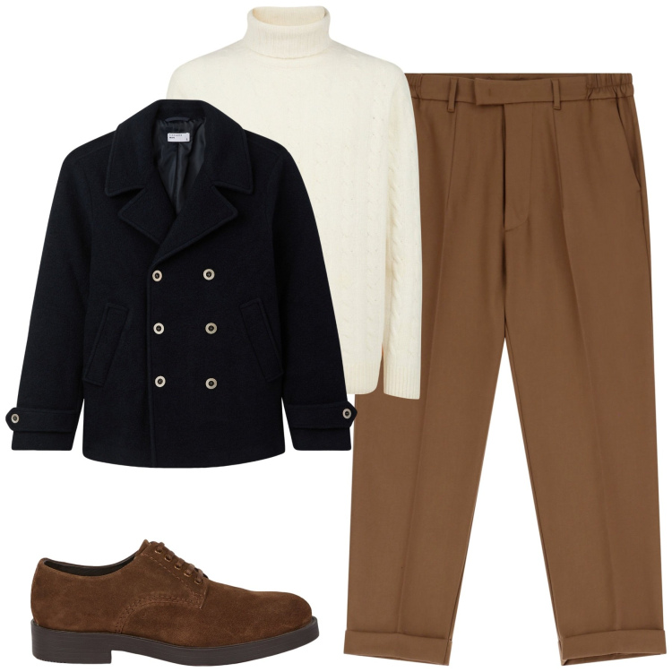 Outfit uomo - Dicembre in città. Stile Trendy per Tutti i giorni. Abbinamento con cappotti, pantaloni, scarpe stringate, maglieria.