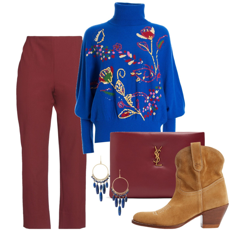 Outfit donna - Accenno boho. Stile Boho per Tutti i giorni. Abbinamento con pantaloni, maglieria, stivaletti, orecchini, pochette.