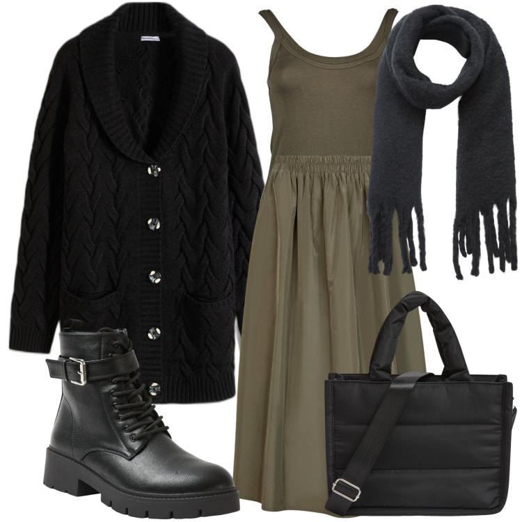 Outfit donna - Grunge. Stile Military per Tutti i giorni. Abbinamento con cardigans, shopping bag, sciarpe, anfibi, gonne lunghe, top.