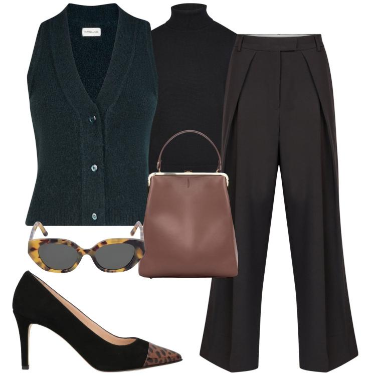 Outfit donna - In ufficio. Stile Bon Ton per Ufficio. Abbinamento con décolleté, borse a spalla, maglieria, pantaloni, maglieria, occhiali da sole.