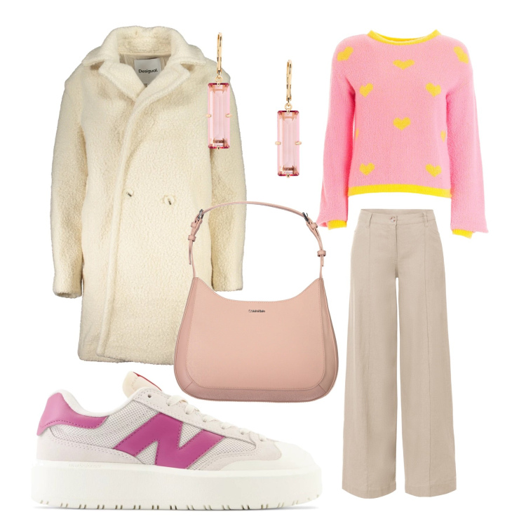 Outfit donna - Rosa pastello. Stile Bon Ton per Tutti i giorni. Abbinamento con pantaloni a palazzo, sneakers, maglieria, orecchini, cappotti, borse a spalla.