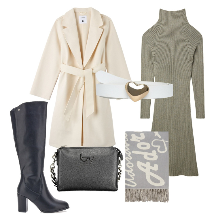 Outfit donna - Donna Curvy. Stile Chic per Ufficio. Abbinamento con cappotti, vestiti midi/longuette, cinture, stivali sopra il ginocchio, borse a spalla, sciarpe.