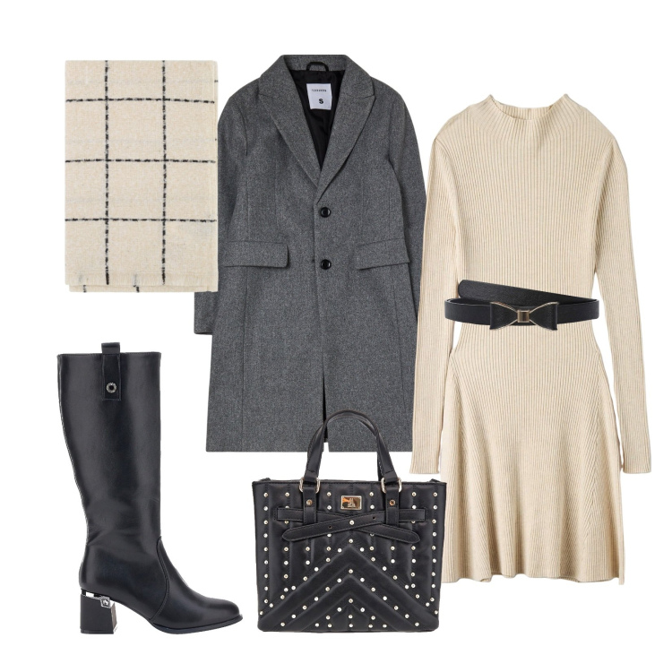 Outfit donna - Donna Curvy. Stile Chic per Tutti i giorni. Abbinamento con vestiti midi/longuette, cinture, cappotti, sciarpe, stivali sopra il ginocchio, borse a mano.