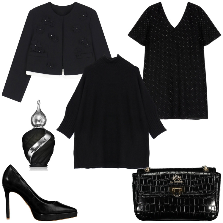 Outfit donna - Layering sofisticato Total Black. Stile Chic per Serata fuori. Abbinamento con profumi, décolleté, cappe, blazer, vestiti corti, borse a tracolla.