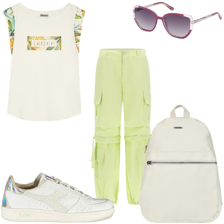 Outfit donna - Sportiva in città. Stile Casual per Tutti i giorni. Abbinamento con pantaloni cargo, t-shirt, zaini, sneakers, occhiali da sole.