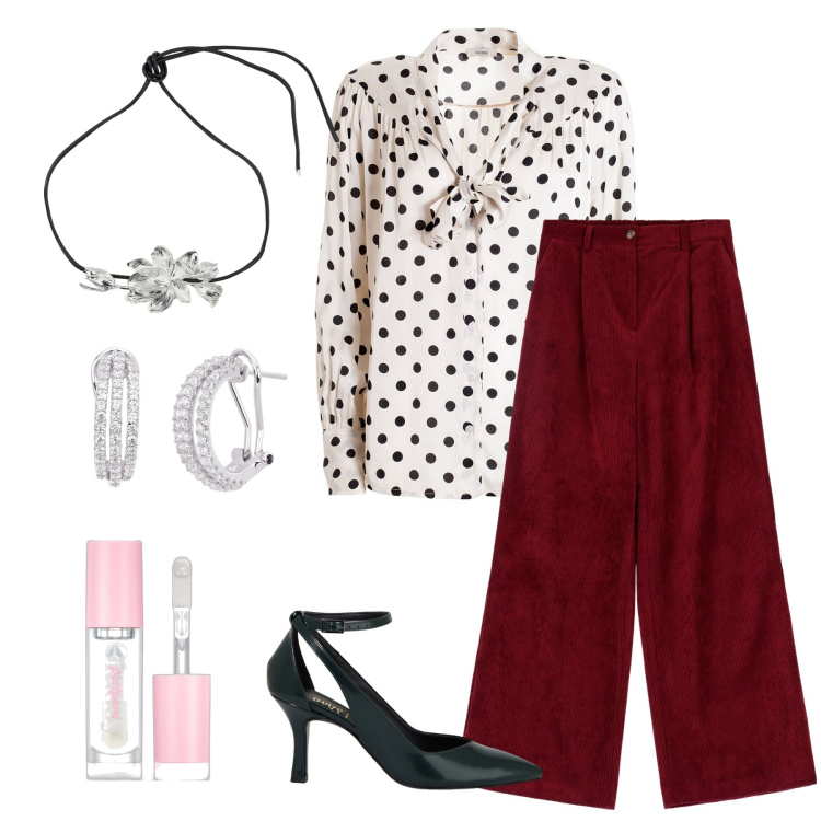 Outfit donna - Chic&charm. Stile Chic per Serata fuori. Abbinamento con gloss, orecchini, bluse, décolleté, pantaloni a palazzo, collane.