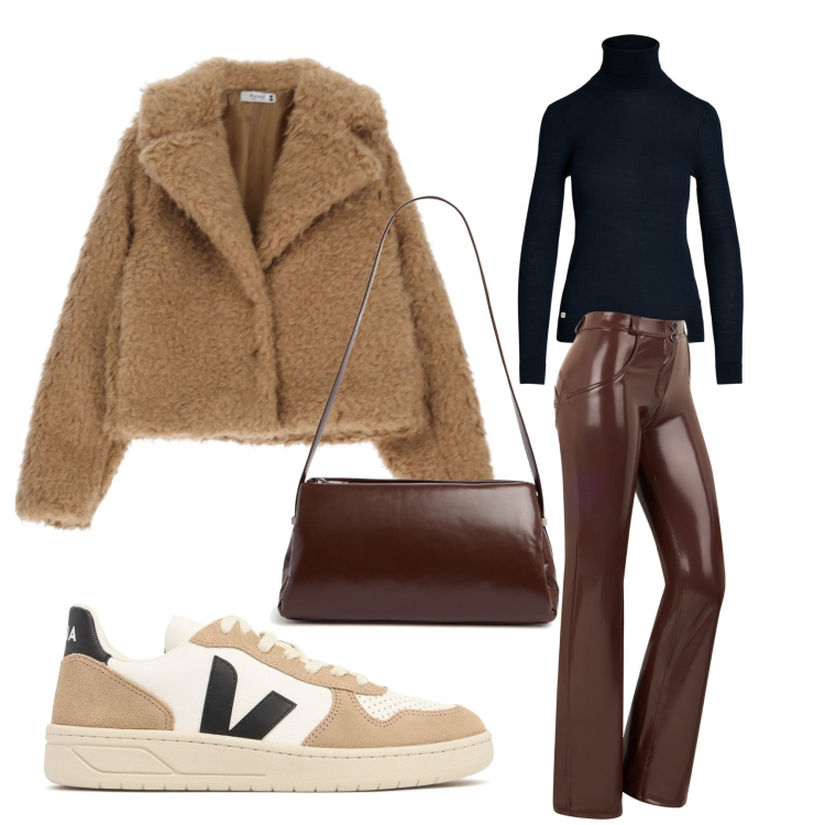 Outfit donna - Pellicciotto time. Stile Casual chic per Tutti i giorni. Abbinamento con blazer, pantaloni, maglieria, sneakers, borse a spalla.