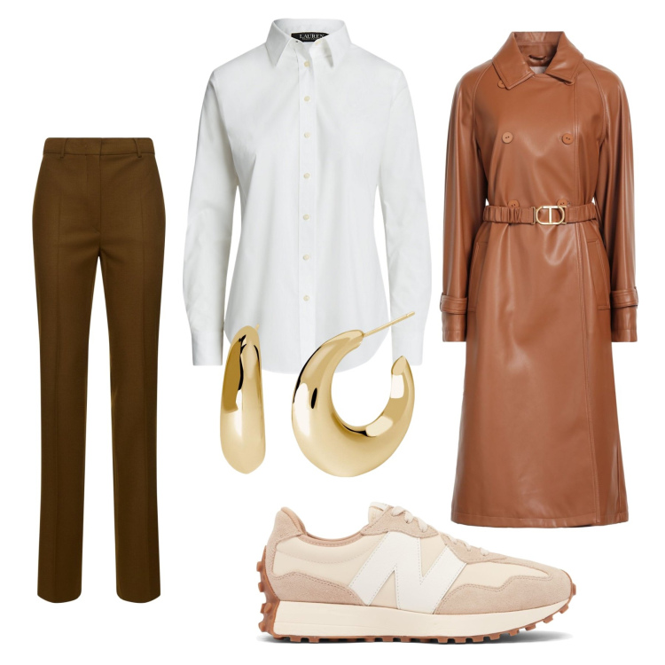 Outfit donna - Un tocco d’oro. Stile Casual chic per Tutti i giorni. Abbinamento con trench, orecchini, sneakers, camicie, pantaloni.