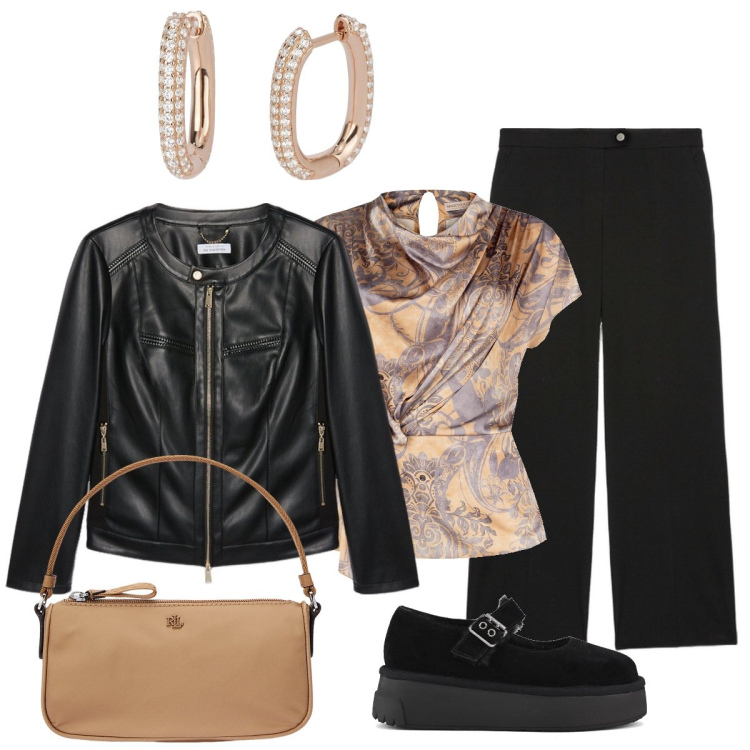 Outfit donna - Total look #2024828. Stile Chic per Serata fuori. Abbinamento con orecchini, bluse, pochette, décolleté, blazer, pantaloni a palazzo.