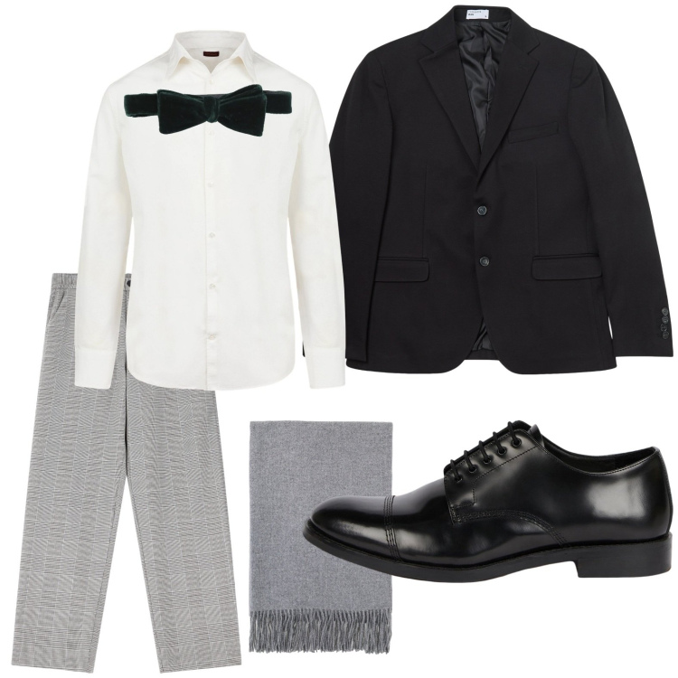 Outfit uomo - Look da festa. Stile Trendy per Serata speciale. Abbinamento con cravatte, giacche, pantaloni, sciarpe, camicie, scarpe stringate.