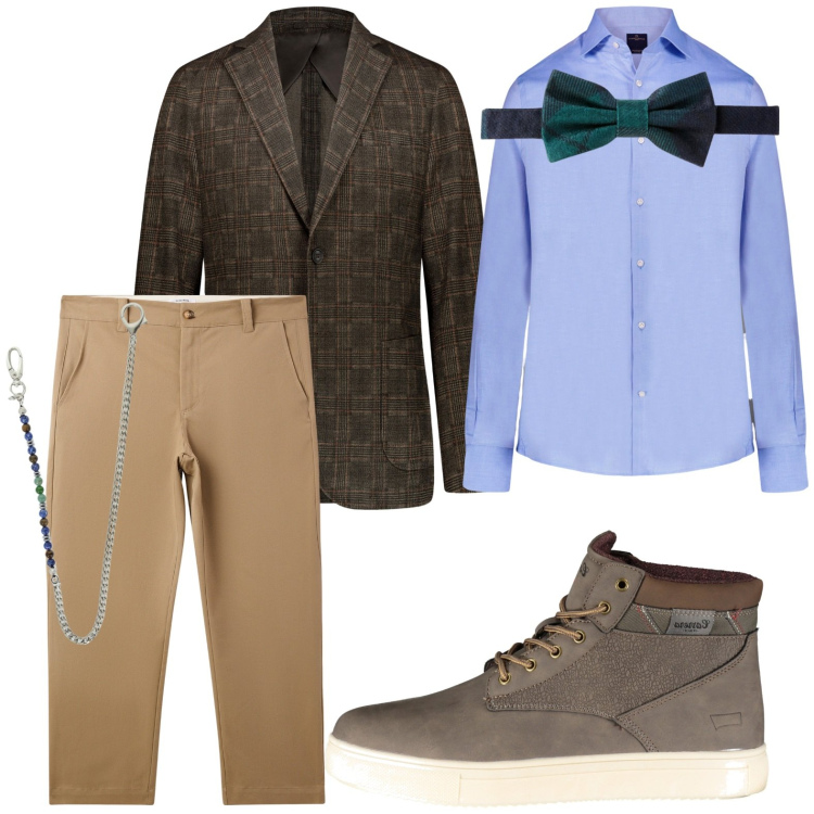 Outfit uomo - Look da festa. Stile Trendy per Serata speciale. Abbinamento con pantaloni chino, collane, giacche, camicie, stivali, papillon.