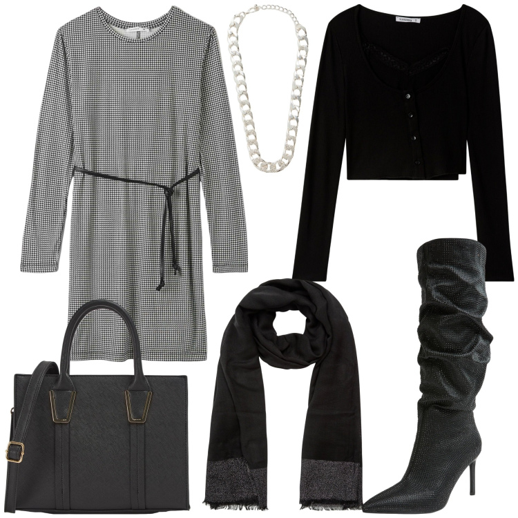 Outfit donna - Terranova basic. Stile Basic per Tutti i giorni. Abbinamento con cardigans, vestiti midi/longuette, shopping bag, stivali, sciarpe, collane.