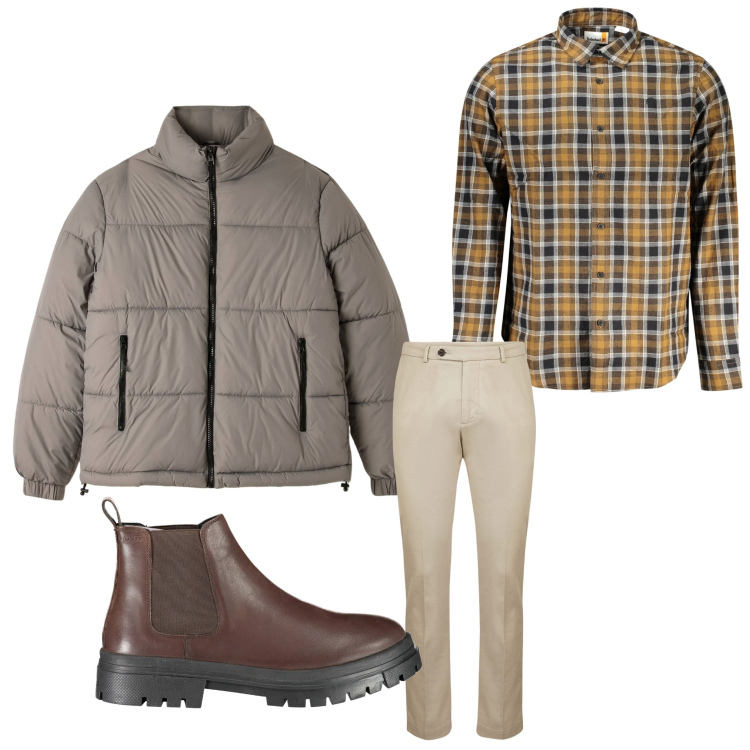 Outfit uomo - Quadretti e comodità. Stile Casual per Tutti i giorni. Abbinamento con piumini, pantaloni, stivali, camicie.