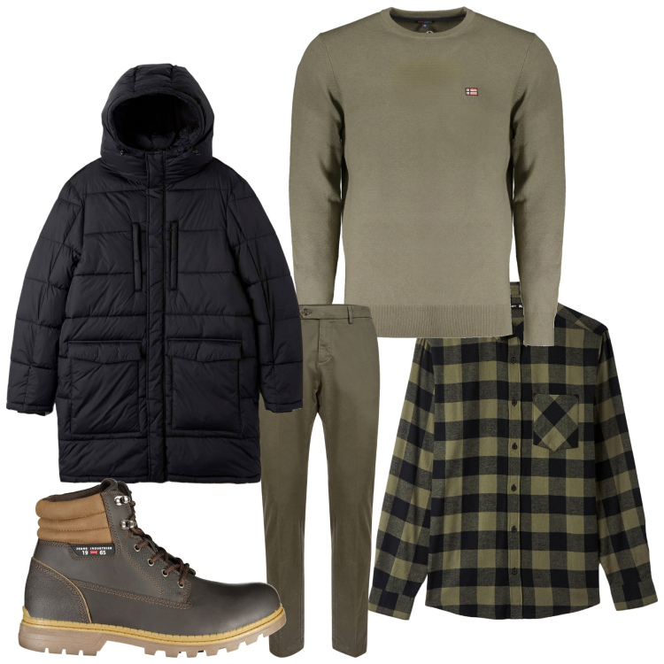 Outfit uomo - Verde +quadretti. Stile Casual per Tutti i giorni. Abbinamento con piumini, camicie, pantaloni chino, maglieria, stivali.