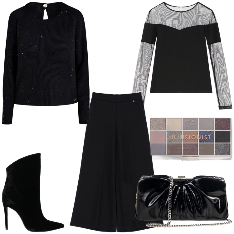 Outfit donna - Paillettes. Stile Minimal per Serata fuori. Abbinamento con stivaletti, ombretti, pantaloni, maglieria, pochette, maglieria.