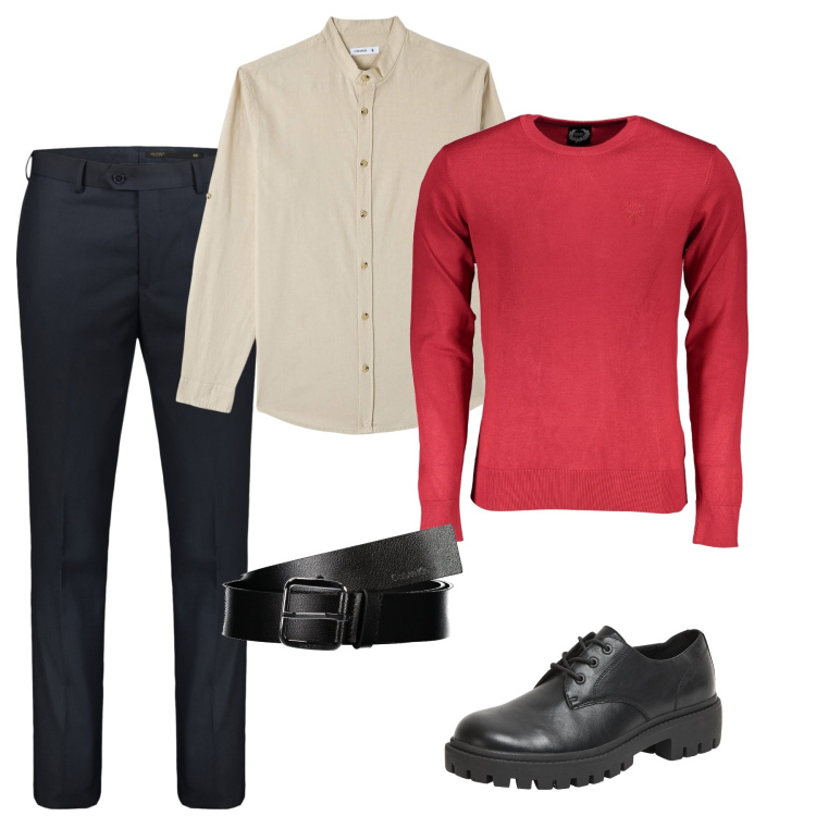 Outfit uomo - Casual per le feste. Stile Casual per Ufficio. Abbinamento con camicie, scarpe stringate, pantaloni, maglieria, cinture.
