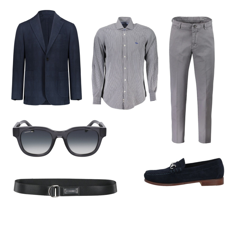 Outfit uomo - Giornata di lavoro. Stile Business/Elegante per Ufficio. Abbinamento con cinture, scarpe stringate, giacche, camicie, occhiali da sole, pantaloni.