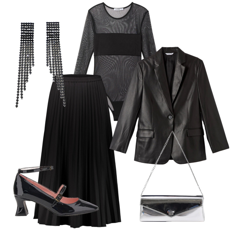 Outfit donna - Total black, total chic!. Stile Rock per Serata fuori. Abbinamento con blazer, body, pochette, orecchini, décolleté, gonne lunghe.