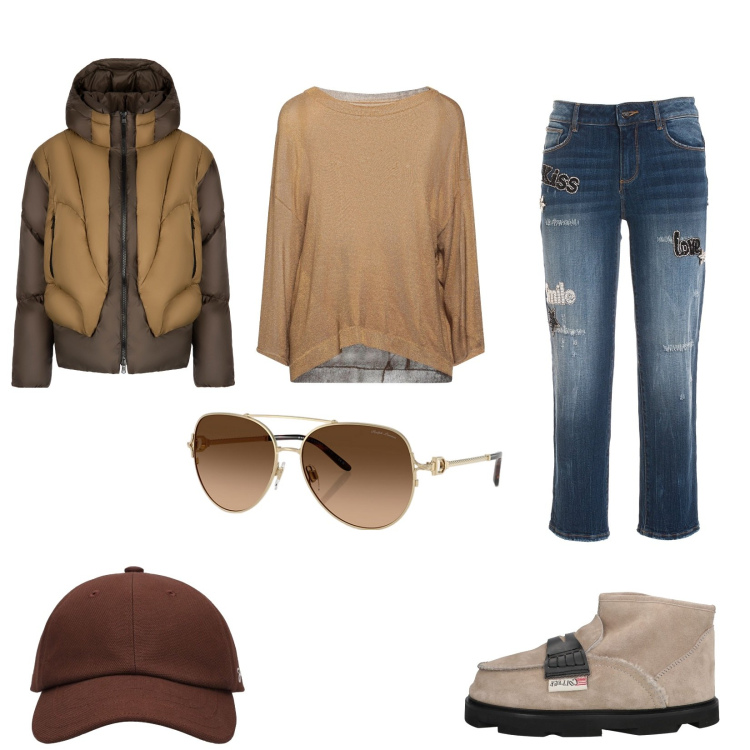 Outfit donna - Look Urban. Stile Urban per Tutti i giorni. Abbinamento con stivaletti, pullovers, jeans, occhiali da sole, piumini, cappelli.