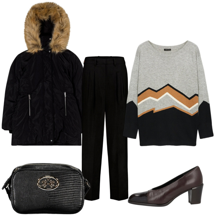 Outfit donna - Over. Stile Vintage retrò per Tutti i giorni. Abbinamento con décolleté, maglieria, pantaloni, parka, borse a tracolla.