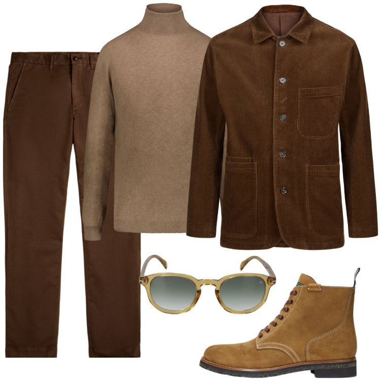 Outfit uomo - Vintage. Stile Casual per Ufficio. Abbinamento con pantaloni, stivali, maglieria, giacche, occhiali da sole.