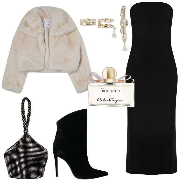 Outfit donna - Pronta per la serata. Stile Glamour per Serata fuori. Abbinamento con stivaletti, profumi, blazer, pochette, vestiti midi/longuette, orecchini.