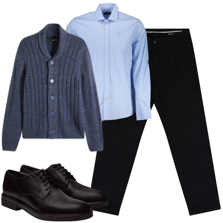 Outfit uomo - City. Stile Urban per Tutti i giorni. Abbinamento con cardigans, pantaloni chino, scarpe stringate, camicie.