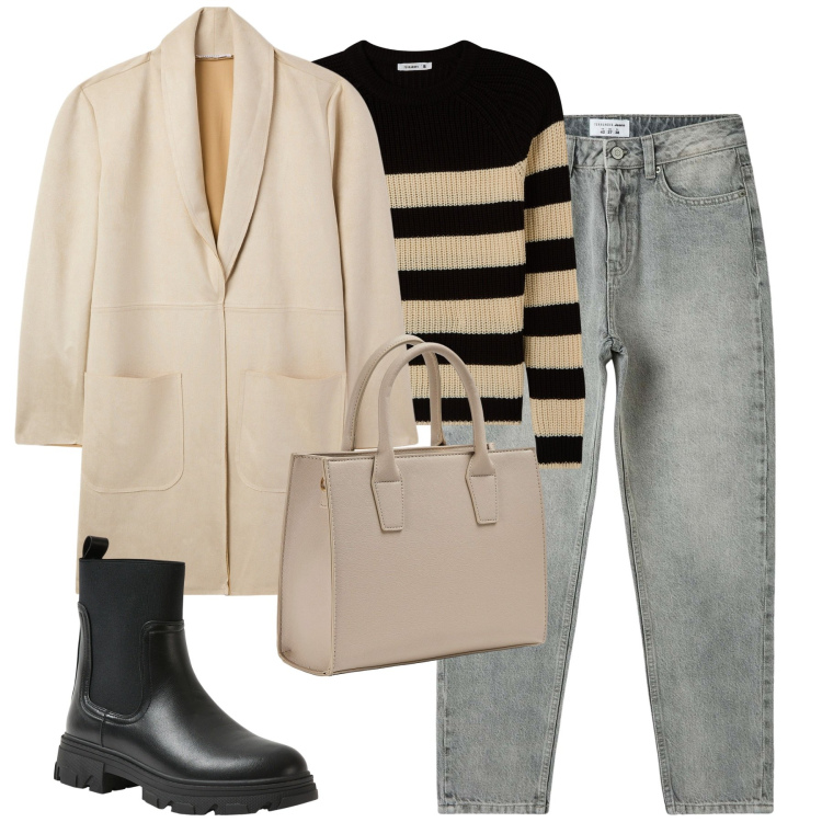 Outfit donna - Dicembre. Stile Casual per Tutti i giorni. Abbinamento con maglieria, shopping bag, jeans mom, trench, stivaletti chelsea.