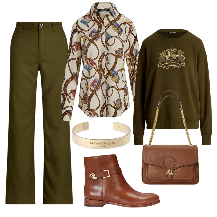 Outfit donna - Muschio e cognac per le feste. Stile Casual chic per Tutti i giorni. Abbinamento con borse a spalla, stivaletti, pantaloni, camicie, pullovers, braccialetti.
