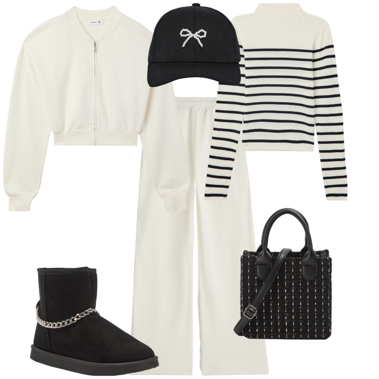 Outfit donna - Total look #2024924. Stile Trendy per Tutti i giorni. Abbinamento con cappelli con visiera, shopping bag, bomber, stivaletti, maglieria, pantaloni a palazzo.