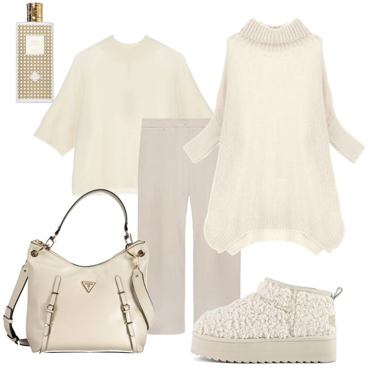 Outfit donna - Layering tono su tono. Stile Chic per Ufficio. Abbinamento con profumi, maglieria, maglieria, stivaletti, pantaloni, borse a spalla.