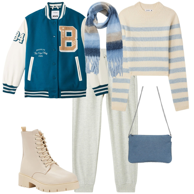 Outfit donna - Total look #2024937. Stile Urban per Tutti i giorni. Abbinamento con sciarpe, maglieria, bomber, pantaloni, anfibi, borse a tracolla.