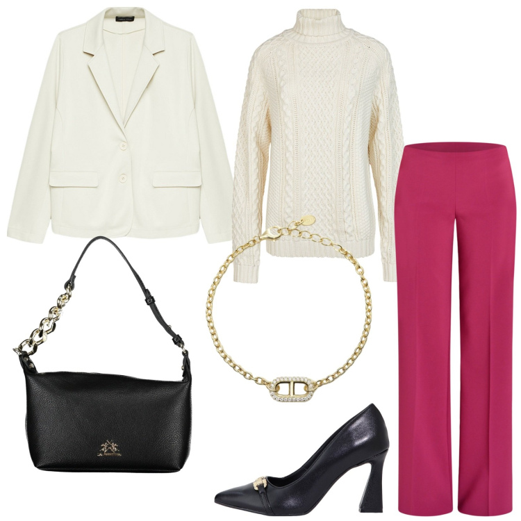 Outfit donna - Questa sono io. Stile Casual chic per Ufficio. Abbinamento con stivaletti, braccialetti, pantaloni a palazzo, maglieria, blazer, borse a spalla.