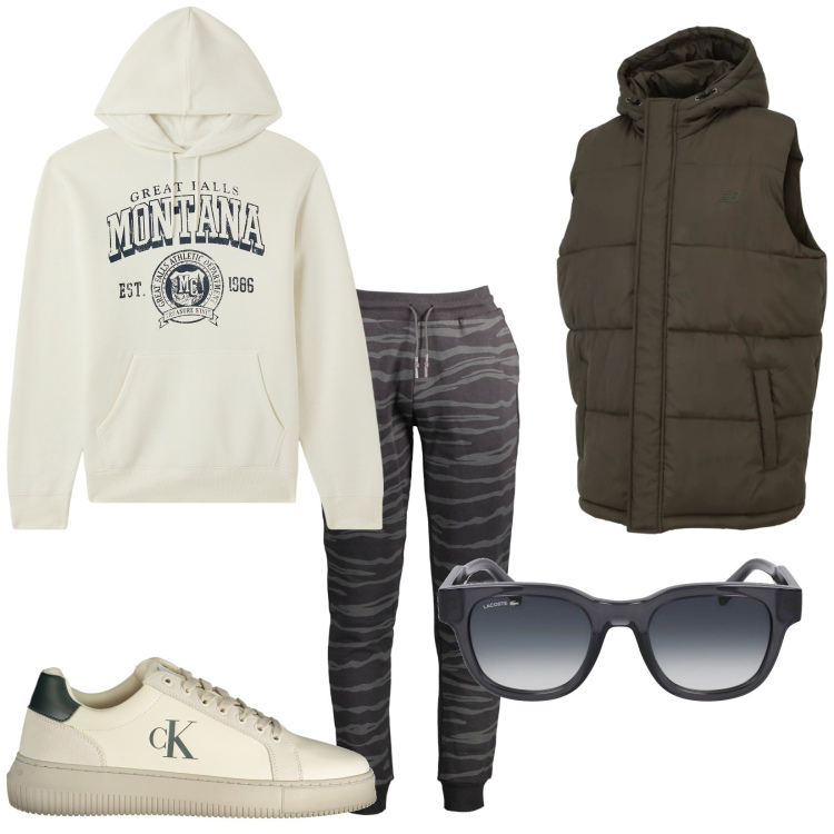 Outfit uomo - Total look #2024960. Stile Casual per Tutti i giorni. Abbinamento con felpe sportive, gilet, occhiali da sole, sneakers, pantaloni.