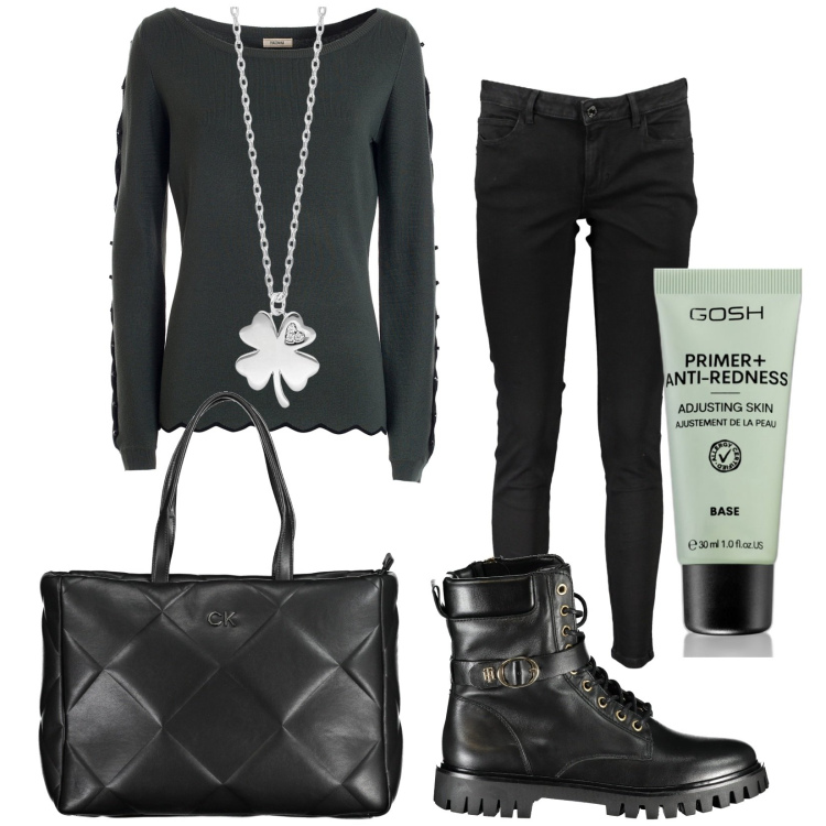 Outfit donna - Total look #2024963. Stile Trendy per Tutti i giorni. Abbinamento con primer, collane, maglieria, jeans skinny, borse a spalla, stivali.
