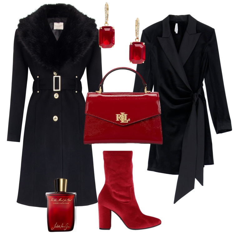 Outfit donna - Serate glamour. Stile Glamour per Serata fuori. Abbinamento con stivaletti, profumi, cappotti, vestiti corti, borse a mano, orecchini.