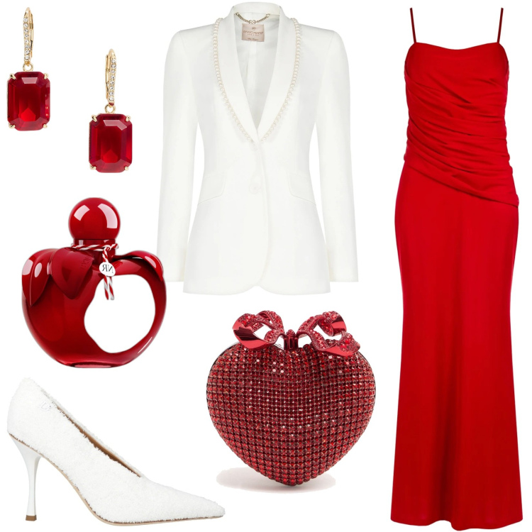 Outfit donna - Red passion. Stile Chic per Serata fuori. Abbinamento con décolleté, profumi, blazer, vestiti asimmetrici, orecchini, pochette.