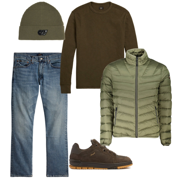 Outfit uomo - Toni muschiati sui jeans. Stile Casual per Tutti i giorni. Abbinamento con maglieria, jeans dritti, sneakers, berretti, giacche.