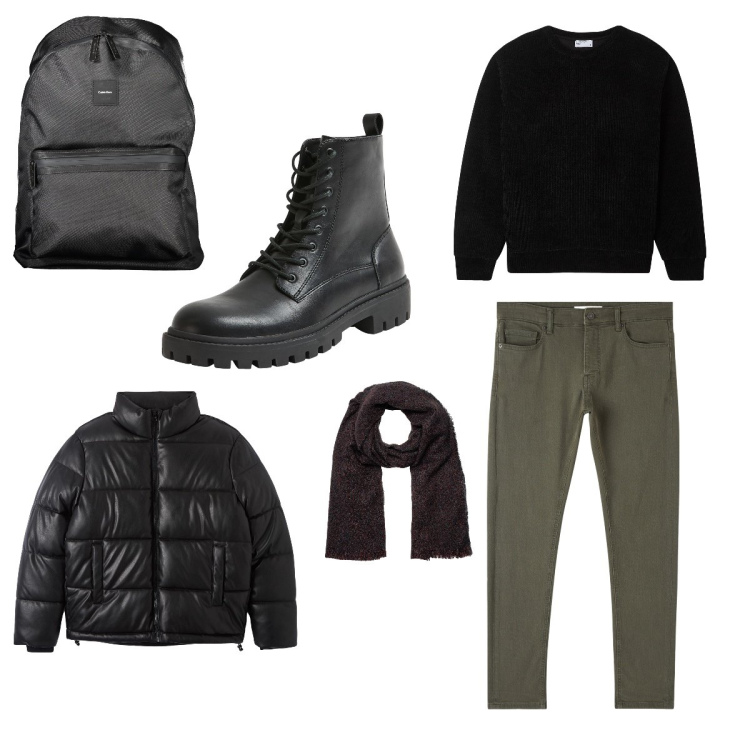 Outfit uomo - Lunedì in cantiere. Stile Casual per Ufficio. Abbinamento con piumini, pantaloni skinny, anfibi, pullovers, sciarpe, borse sportive.