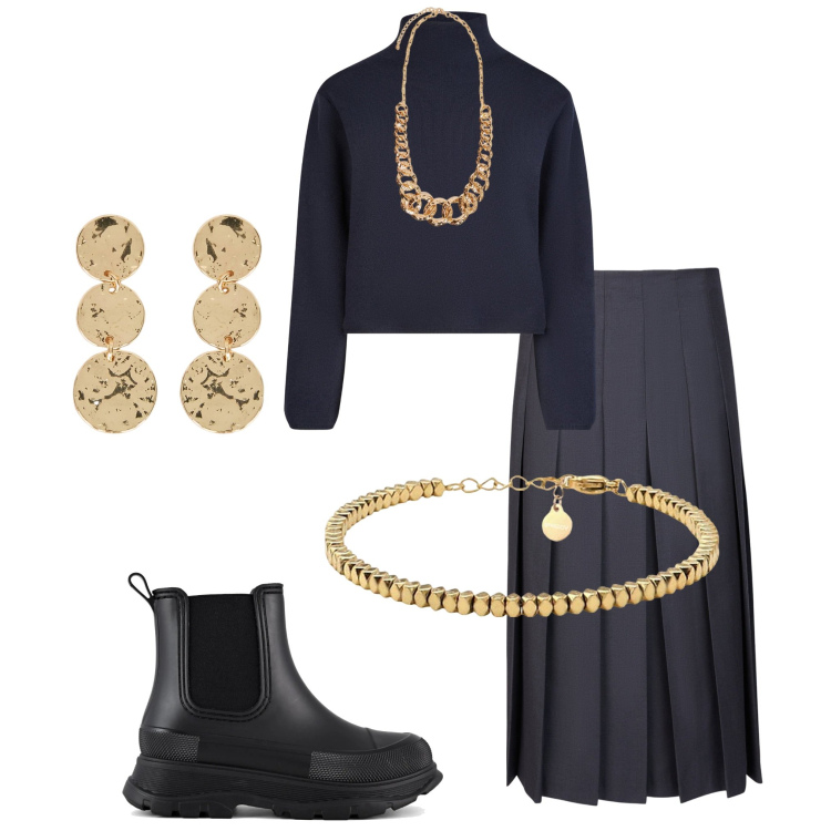 Outfit donna - Blu e oro. Stile Casual chic per Serata fuori. Abbinamento con braccialetti, gonne longuette, stivali, cardigans, collane, orecchini.
