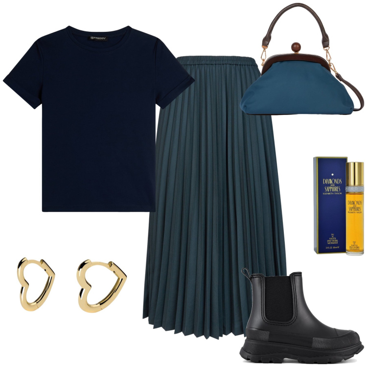 Outfit donna - Semplicemente aperitivo per auguri. Stile Trendy per Serata fuori. Abbinamento con profumi, orecchini, t-shirt, stivali, minigonne, clutch.