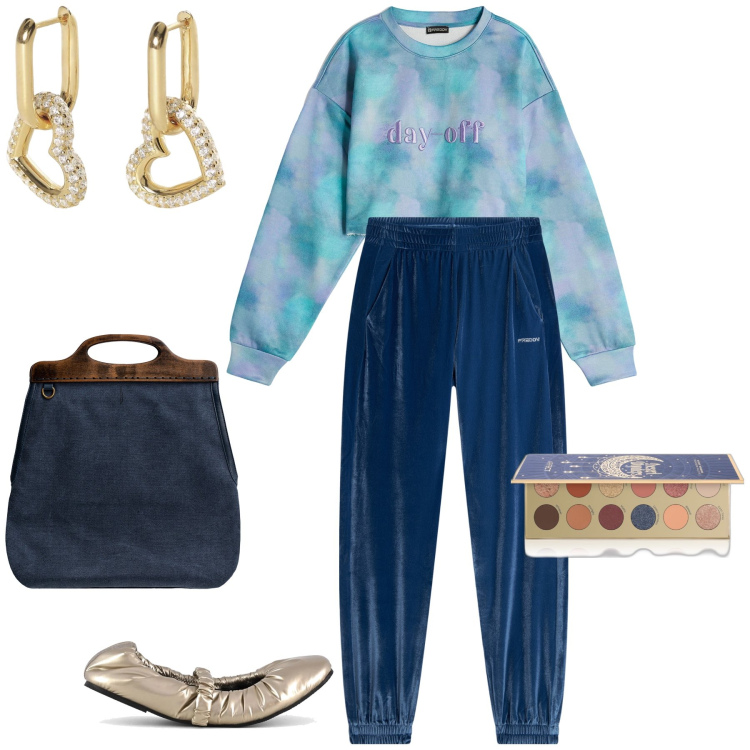 Outfit donna - Scambio doni in famiglia. Stile Sporty chic per Tutti i giorni. Abbinamento con ombretti, orecchini, felpe, pantaloni, borse a tracolla, ballerine.