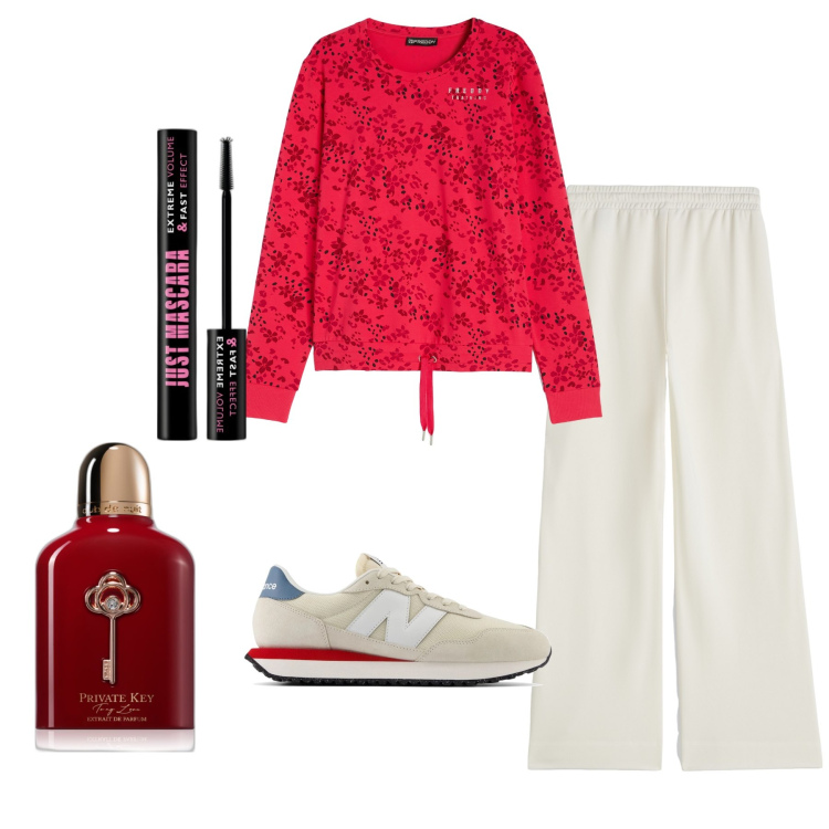 Outfit donna - A casa mia. Stile Trendy per Tutti i giorni. Abbinamento con mascara, profumi, sneakers, pantaloni a palazzo, felpe.