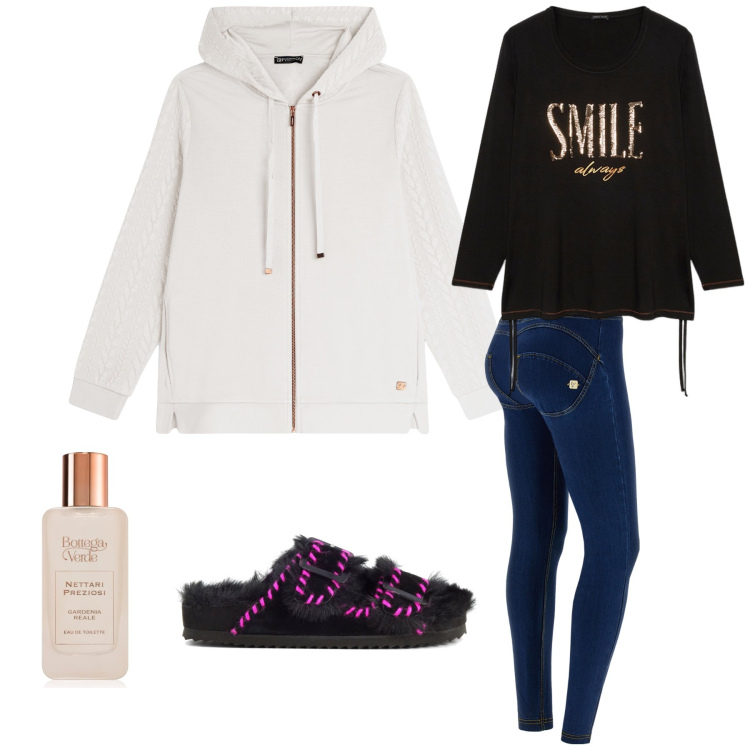Outfit donna - Apertura regali. Stile Basic per Tutti i giorni. Abbinamento con profumi, jeans skinny, felpe con cappuccio, ciabatte, t-shirt.