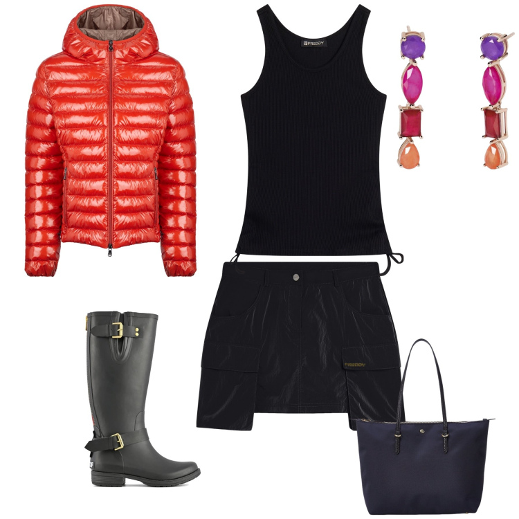 Outfit donna - Auguri alla migliore amica. Stile Casual chic per Tutti i giorni. Abbinamento con orecchini, minigonne, canottiere, borse tote, blazer, stivali.