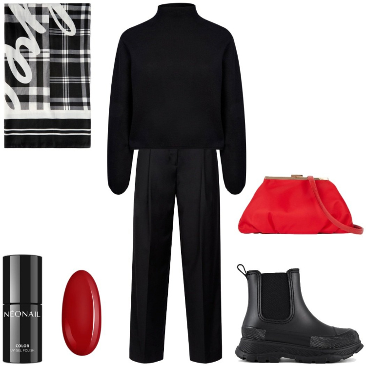 Outfit donna - La borsa rossa. Stile Casual chic per Tutti i giorni. Abbinamento con smalti, stivali, pantaloni, cardigans, sciarpe, pochette.