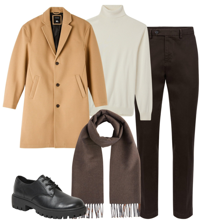 Outfit uomo - Minimal. Stile Business/Elegante per Tutti i giorni. Abbinamento con scarpe stringate, cappotti, maglieria, pantaloni chino, sciarpe.